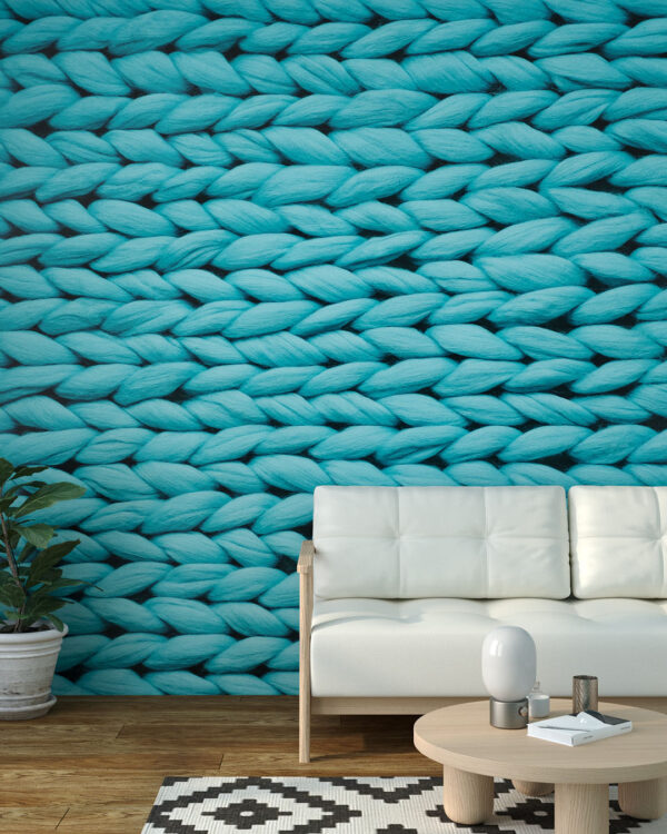 Фотообои 3д текстура вязаной ткани бирюзового цвета в гостиной