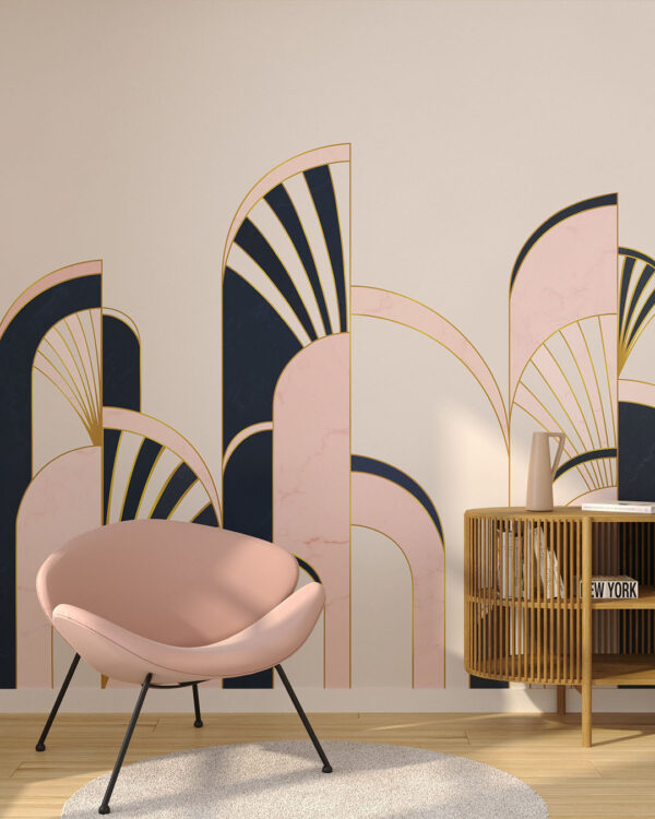 Обои геометрические арки в стиле арт деко синего и розового цвета на светлом фоне в гостиной