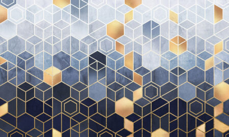 Обои геометрические кубы и шестиугольники паттерн в синих тонах с золотом