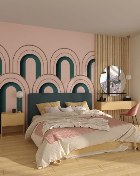 Обои геометрические арки пастельно-розового и зеленого цвета в спальне