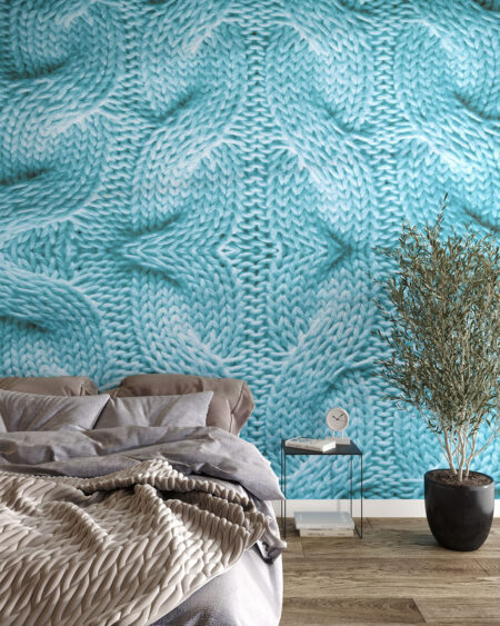Фотообои 3д текстура вязаной ткани голубого цвета в спальне