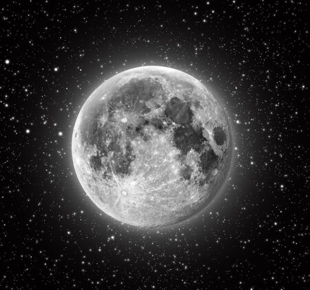 Фотообои красивая луна на фоне чёрного космоса с отдалёнными звёздами