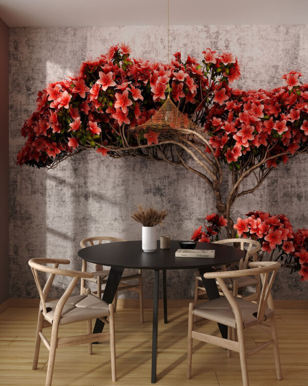 3Д обои дерево с красными цветами на сером фоне под бетон на кухне