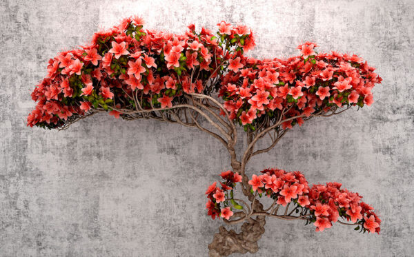 3Д обои дерево с красными цветами на сером фоне под бетон