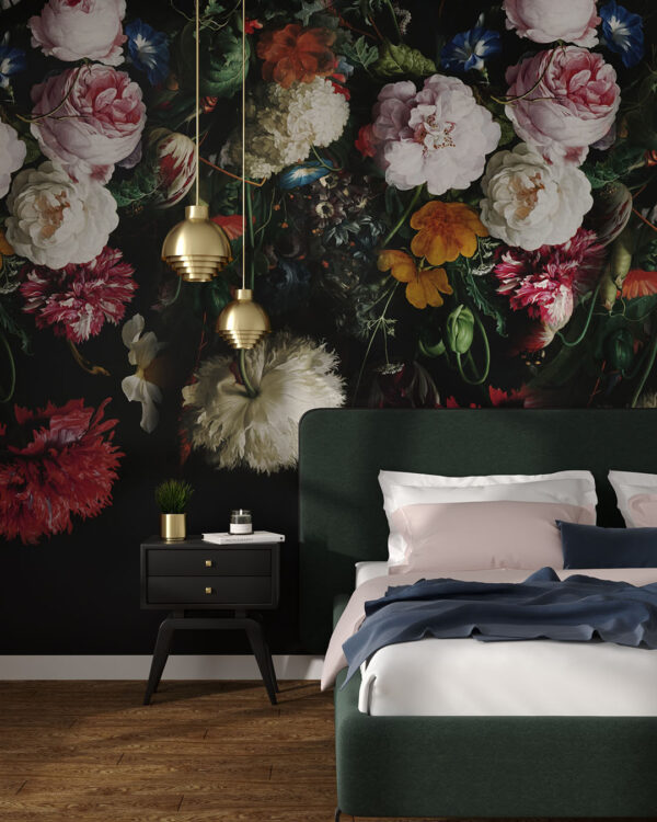 Дизайнерські фотошпалери півонії, троянди та інші квіти на чорному тлі у спальні