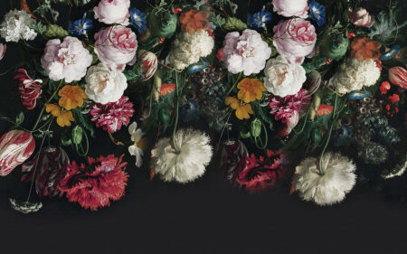Дизайнерські фотошпалери півонії, троянди та інші квіти на чорному тлі