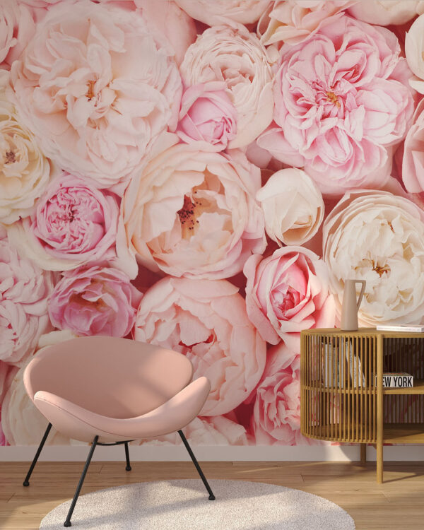 Фотошпалери троянди і півонії рожевого та білого кольорів у вітальні