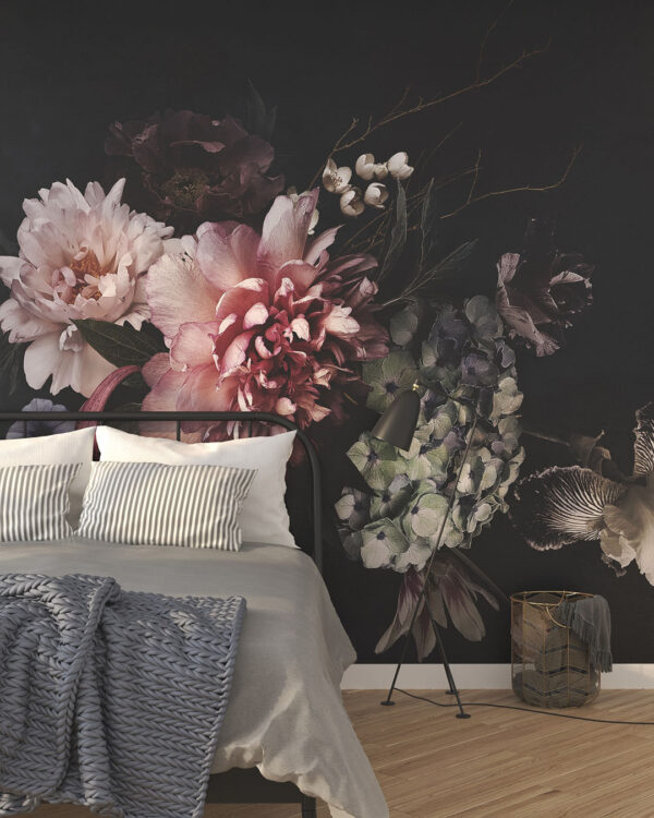 Фотообои пионы, ирисы и другие цветы на темном фоне в спальне