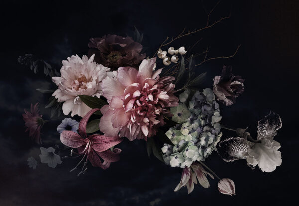 Фотообои пионы, ирисы и другие цветы на темном фоне
