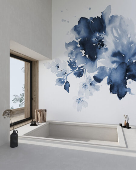 Обои акварельные цветы в синих тонах на белом фоне в ванной