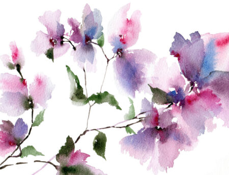 Фотошпалери акварельні квіти у фіолетових відтінках на білому тлі