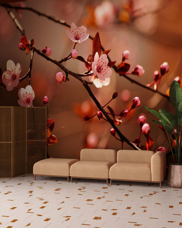 Фотообои цветущая ветка вишни на размытом фоне в гостиной