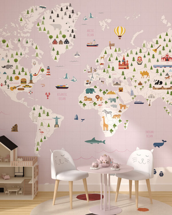 Дизайнерські фотошпалери дитяча карта світу на блідо-рожевому фоні з різними тематичними ілюстраціями у дитячій кімнаті