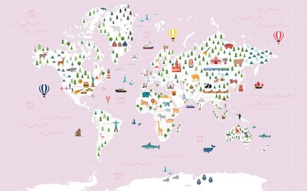 Дизайнерські фотошпалери дитяча карта світу на блідо-рожевому фоні з різними тематичними ілюстраціями