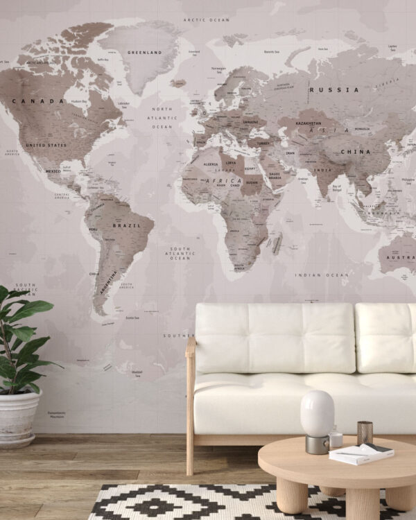 Дизайнерські фотошпалери карта світу англійською бежево-сірих відтінків у вітальні