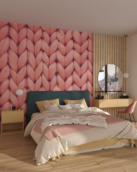 Фотообои 3д текстура вязаной ткани розового цвета в спальне