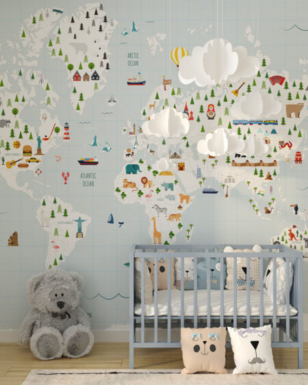 Дизайнерські фотошпалери дитяча карта світу на блакитному фоні з різними тематичними ілюстраціями у дитячій кімнаті