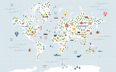 Дизайнерські фотошпалери дитяча карта світу на блакитному фоні з різними тематичними ілюстраціями
