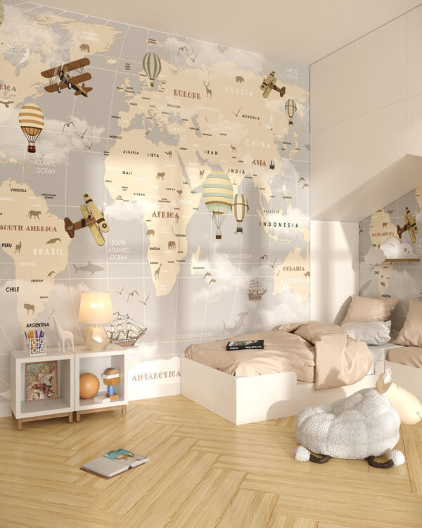 Дитячі фотошпалери дизайнерська карта світу з декоративними ілюстраціями у дитячій кімнаті
