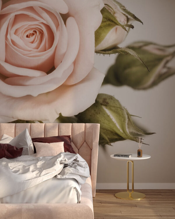 Фотообои роза нежно-розового цвета на сером фоне в спальне