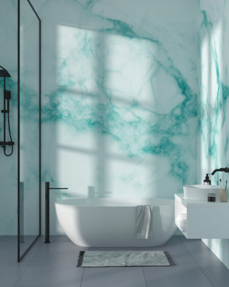 Фотошпалери мармур текстура біло-зелених тонів у ванній кімнаті