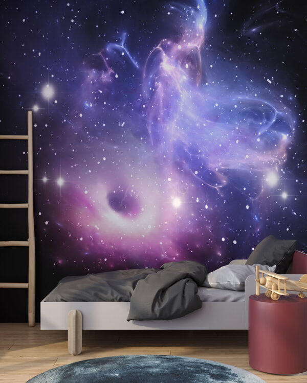 Дизайнерські фотошпалери космос із зображенням зоряного космічного простору у фіолетових та рожевих кольорах на чорному тлі в дитячій кімнаті
