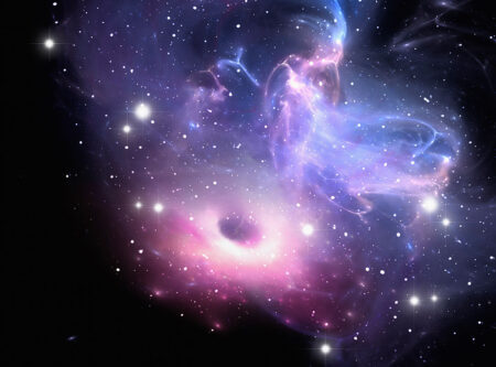 Дизайнерські фотошпалери космос із зображенням зоряного космічного простору у фіолетових та рожевих кольорах на чорному тлі