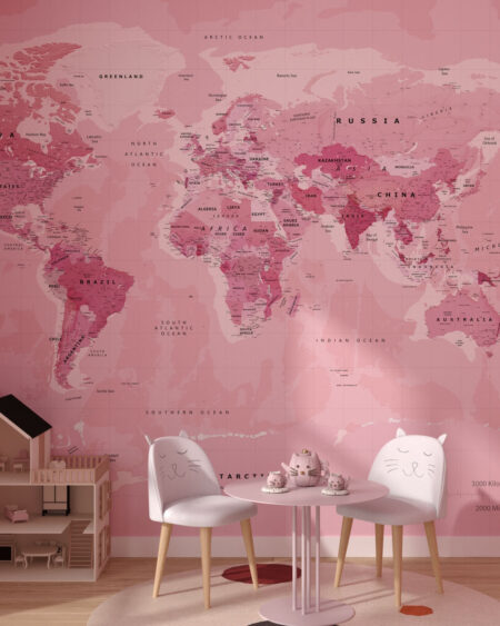 Сучасні фотошпалери дизайнерська карта світу в рожевих відтінках на світло-рожевому тлі в дитячій кімнаті