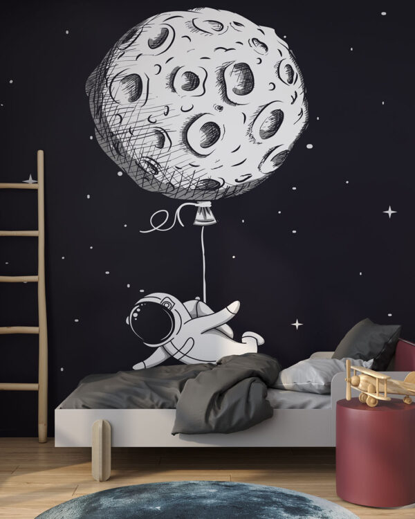 Дизайнерские фотообои Луна в виде воздушного шарика и летящий на ней космонавт на фоне чёрного Космоса в детской комнате