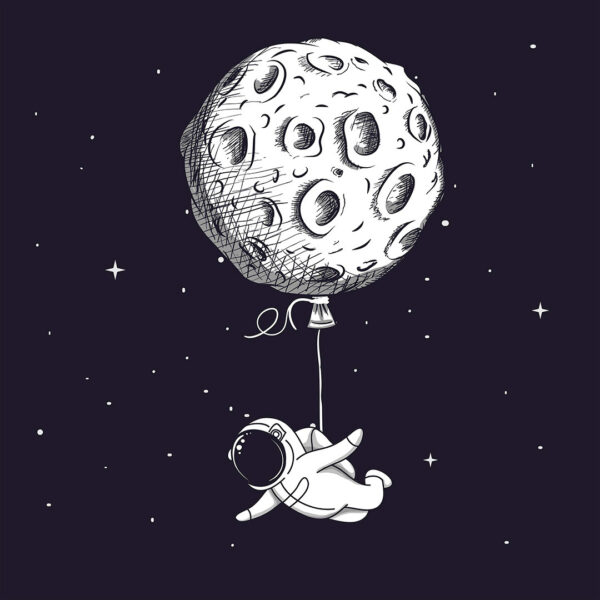 Детские фотообои Луна в виде воздушного шарика и летящий на ней космонавт на фоне чёрного Космоса