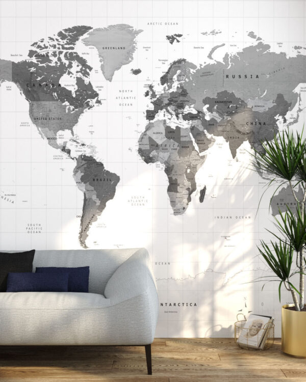 Фотошпалери дизайнерська карта світу англійською у сірих відтінках на білому тлі у вітальню