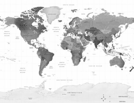 Фотошпалери дизайнерська карта світу англійською у сірих відтінках на білому тлі