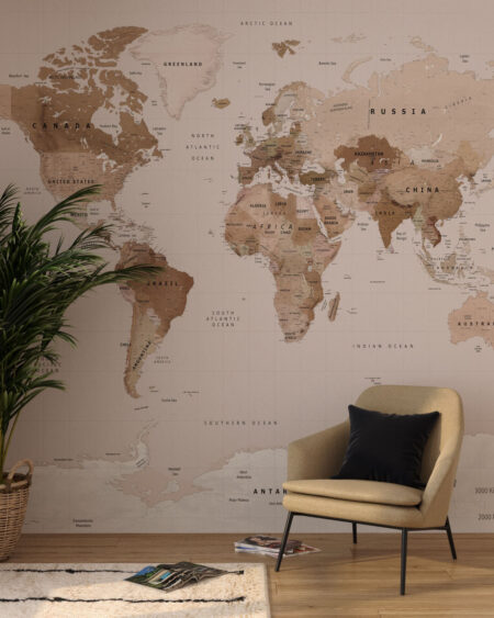 Сучасні фотошпалери карта світу англійською коричневих відтінків у вітальні