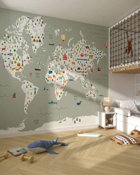 Дизайнерські фотошпалери дитяча карта світу з різними тематичними ілюстраціями у дитячій кімнаті