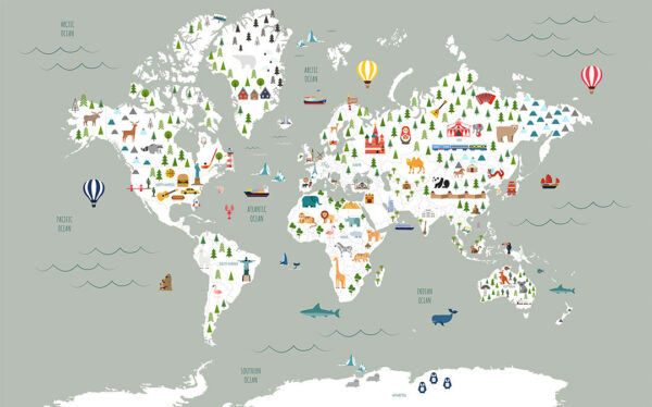 Дизайнерські фотошпалери дитяча карта світу з різними тематичними ілюстраціями