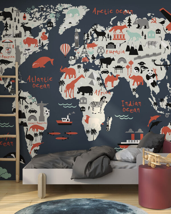 Фотошпалери карта світу на темному фоні з мінімалістичними малюнками, які характерні для певної місцевості, в дитячій кімнаті