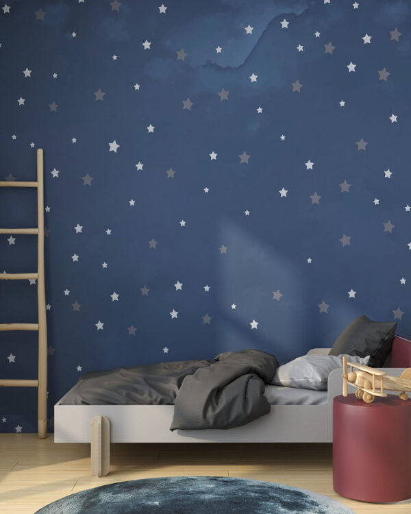 Дизайнерские обои в звездочку паттерн на тёмно-синем фоне в детской комнате для мальчика