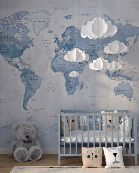Фотошпалери дизайнерська карта світу англійською у блакатних кольорах в дитячій кімнаті