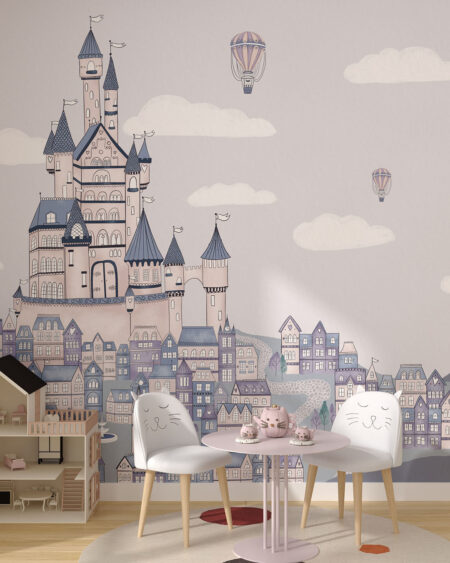 Обои замок с летающими воздушными шарами над городом в графическом стиле в детской комнате