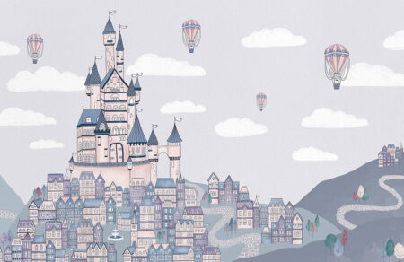 Обои замок с летающими воздушными шарами над городом в графическом стиле