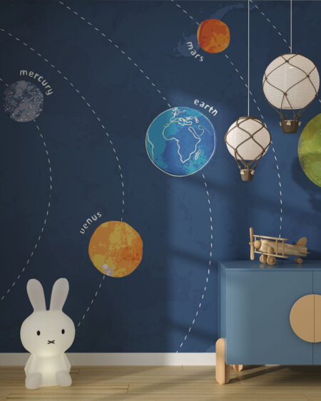 Дизайнерські фотошпалери планети сонячної системи з назвами в графічному стилі на темно-синьому фоні в дитячій кімнаті