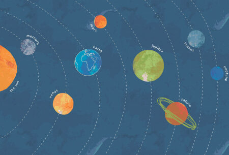 Дитячі фотошпалери планети сонячної системи з назвами в графічному стилі на темно-синьому фоні