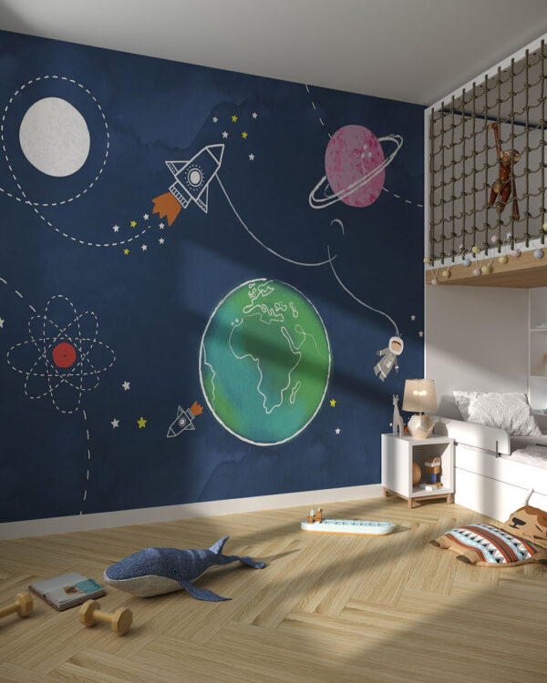 Дизайнерские фотообои Земля из космоса с иллюстрациями космонавта с ракетам на тёмно-синем фоне в детской
