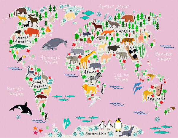 Дитячі фотошпалери карта світу з різними тематичними тваринами, птахами та морськими жителями на рожевому фоні