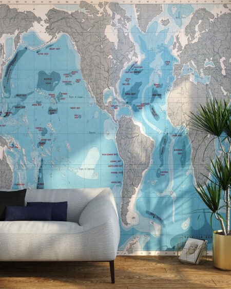 Дизайнерські фотошпалери карта світу з докладним описом океанів у вітальню