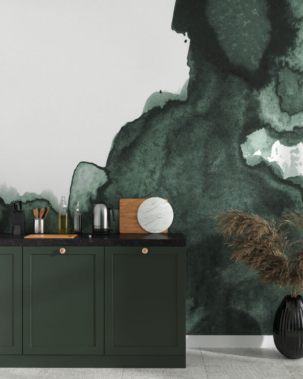 Фотообои акварель темно-зеленого цвета на белом фоне на кухне