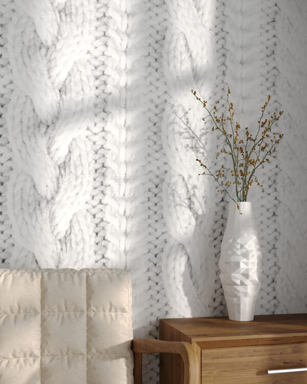 Фотообои 3д текстура вязаной ткани белого цвета в гостиной
