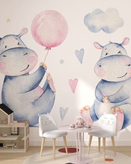 Фотошпалери бегемоти з повітряною кулькою в графічному стилі в дитячій кімнаті