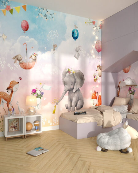 Фотообои с животными в графическом стиле на фоне с красочными облаками в детской