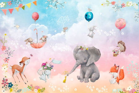 Фотообои с животными в графическом стиле на фоне с красочными облаками